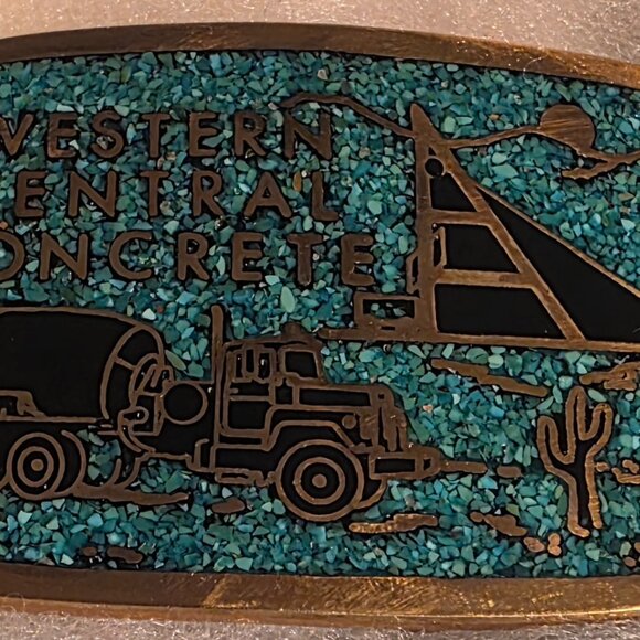 Vintage Metal Belt Buckle Solid Brass Blue Crushed Turquoise Stones Western